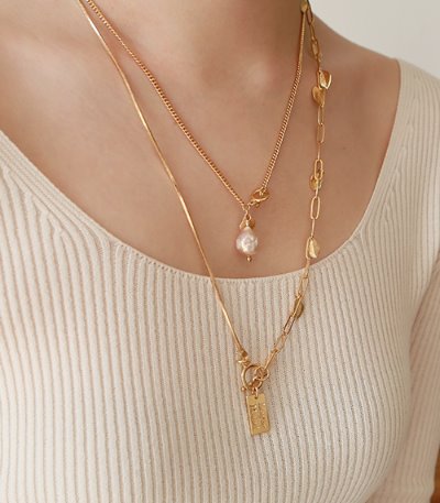 chain leaf necklace-pearl