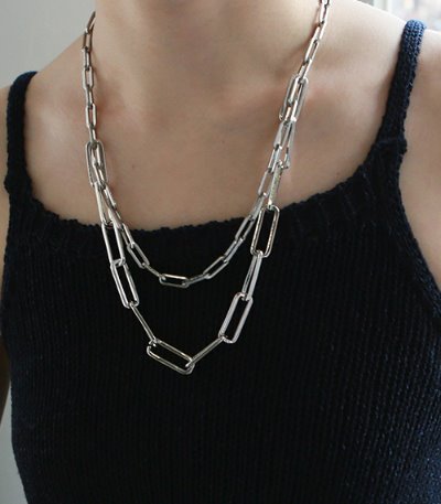 two line square chain necklace-silver