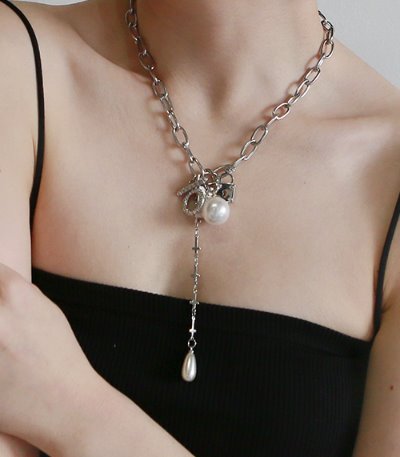 cross pearl drop necklace-silver